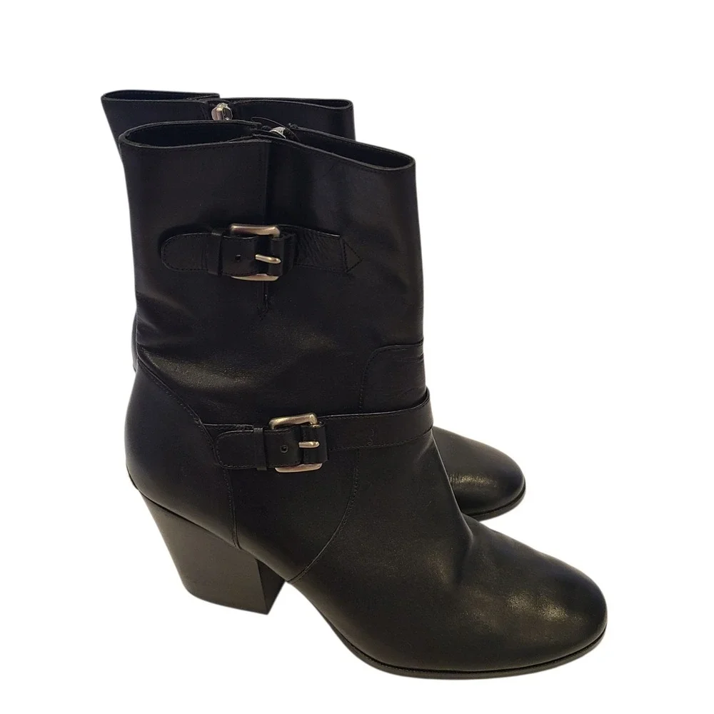 Michael‎ Kors Black Leather 2 Buckle Mid Calf Boots Size 11 Block Heel Moto